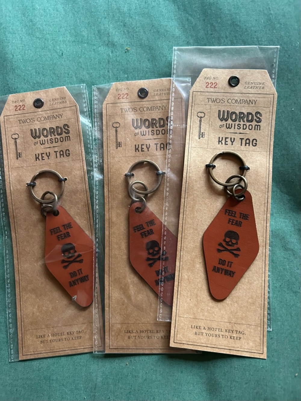 Two's Company Brown Leather Key Tag " Feel the Fear ☠️ Do it Anyway "
